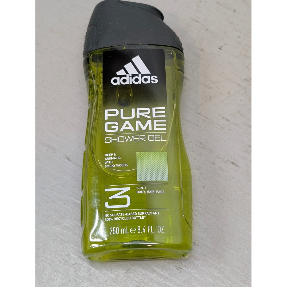 Adidas Pure Game 3-in-1 Shower Gel Body Hair Face Smoky Woods 8.4oz 250ml Sealed